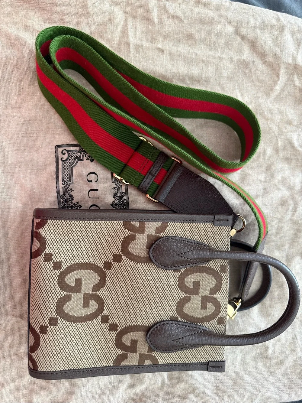 Gucci Brown/Beige GG Mini Tote with Green-Red Web Strap - Picture 2 of 11